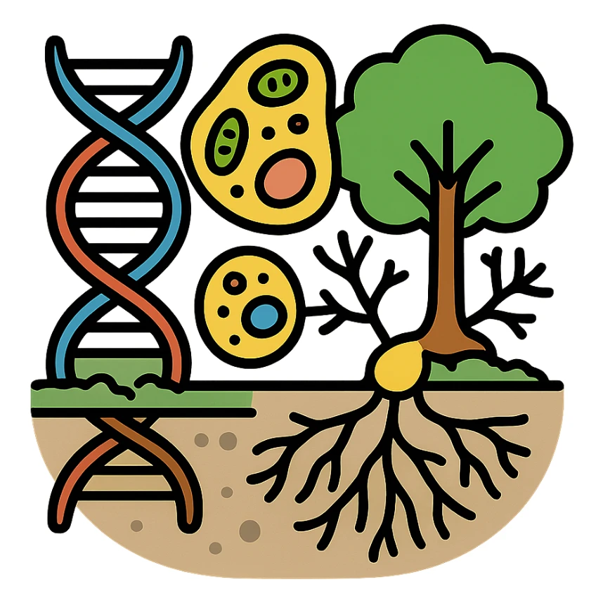 A realistic biological illustration (like in a school book) showing: DNA strands transitioning into a tree, cells with visible organelles, neurons connected to plant roots  and a balanced ecosystem background . Seamless integration, no labels or borders, complete white background (not off white!), detailed but minimalist.  sticker