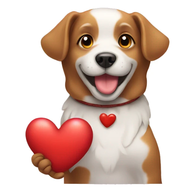 dog holding a heart sticker
