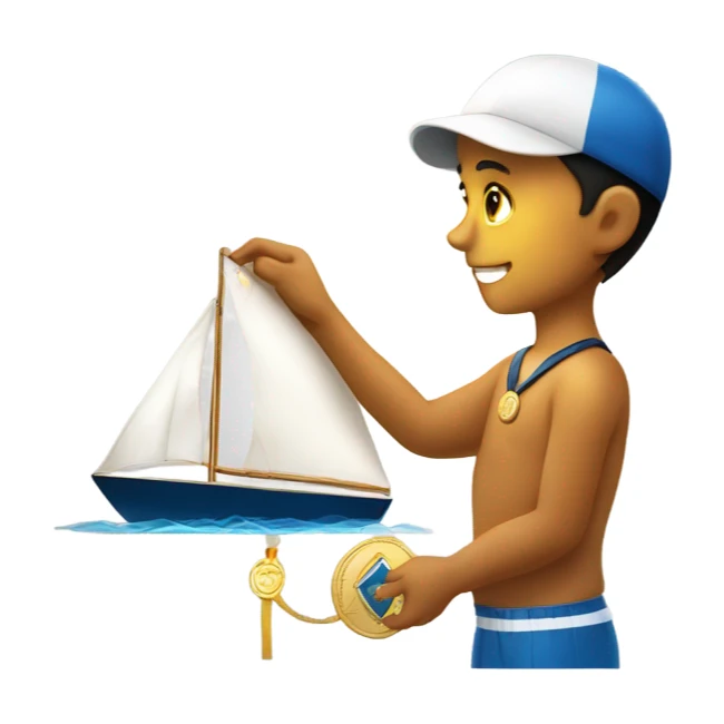 boy puts medal on his sailing boat sticker