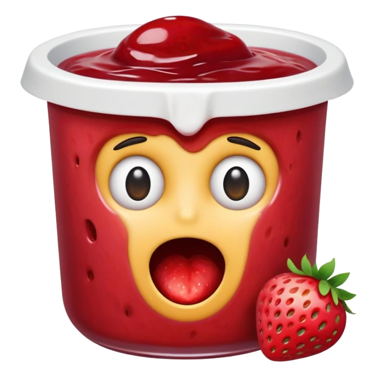 shocked emoji with the top half of the head missing, only missing under the eyes and above, 2 eyes are inside the missing part of the head placed together in the divot. all of this in a strawberry jam filled tub sticker