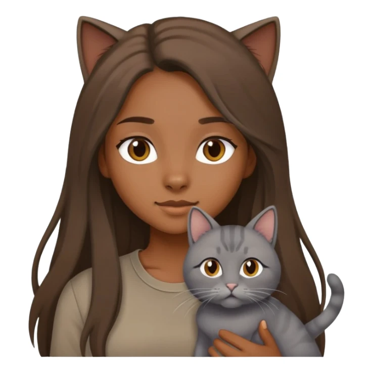 a longhair girl wearing a brown shirt with a grey cat sticker