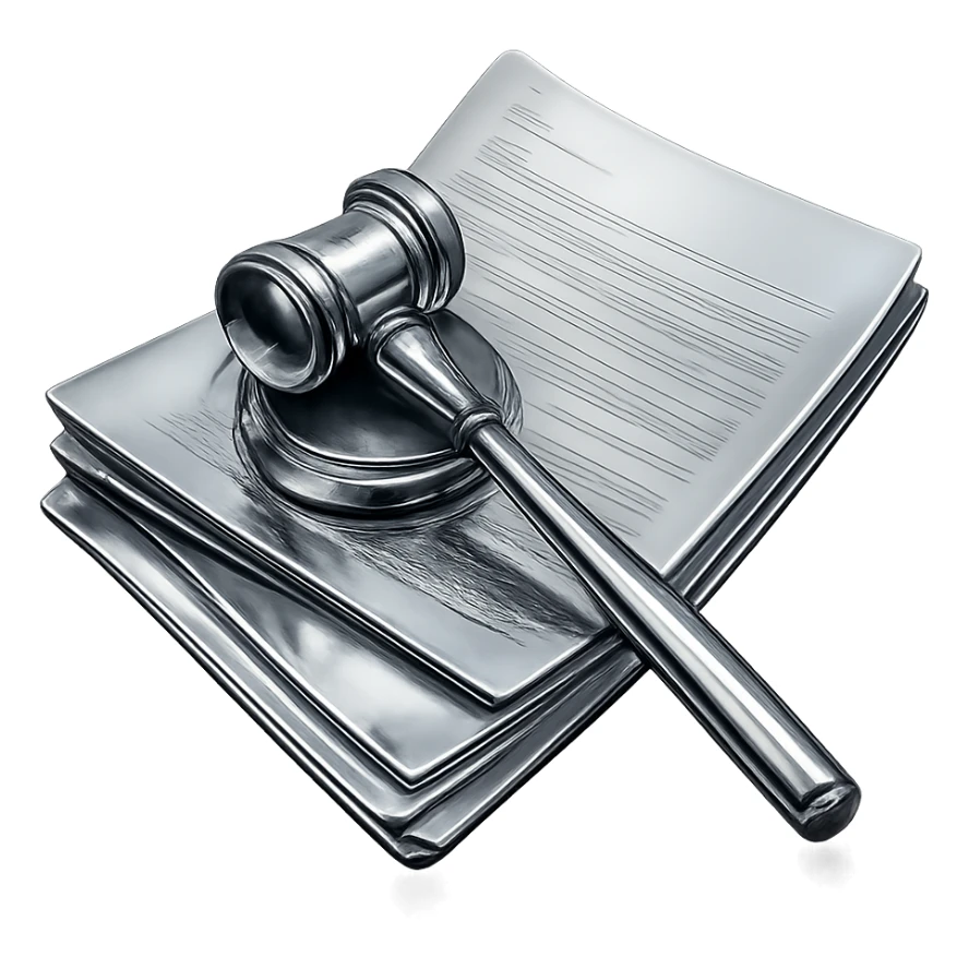Transform the gavel and papers into a 3D chrome metallic style but keep the original brown and cream colors, highly reflective and shiny, no background. sticker