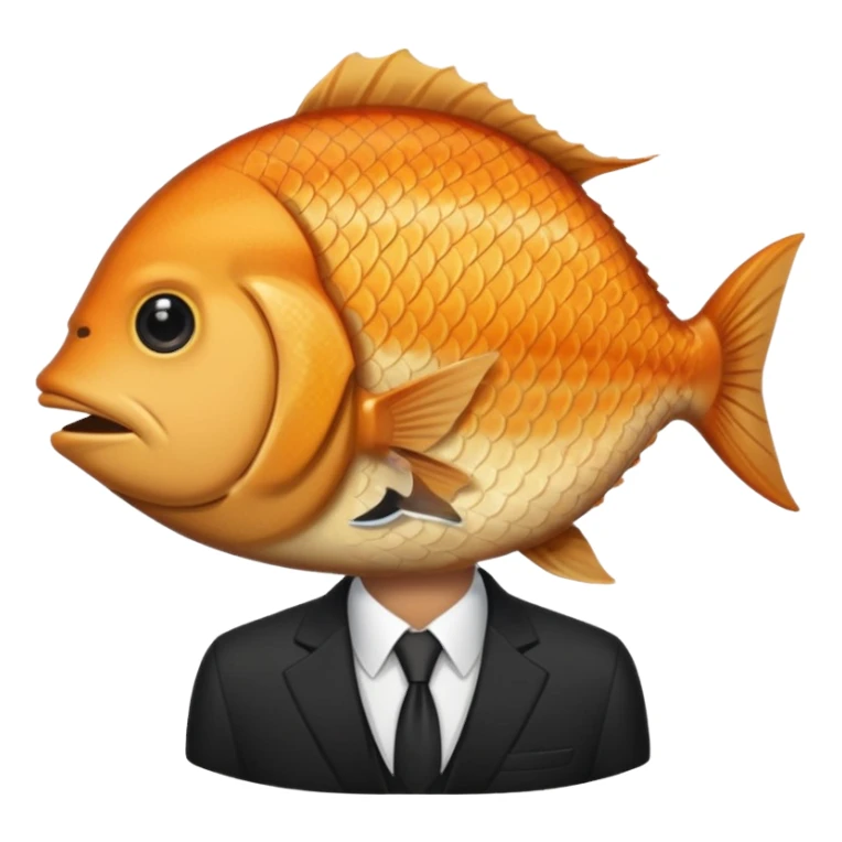 A man wearing nice black suite, and he has a fish head sticker
