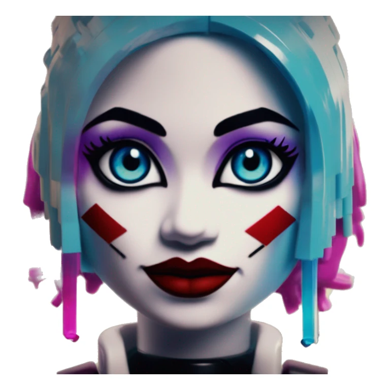 Synthwave Lego in Harley Quinn style, oil paint, mysterious eyes, intricate lips, masterpiece portrait, odd perspective, beautiful, desirable, logical sticker