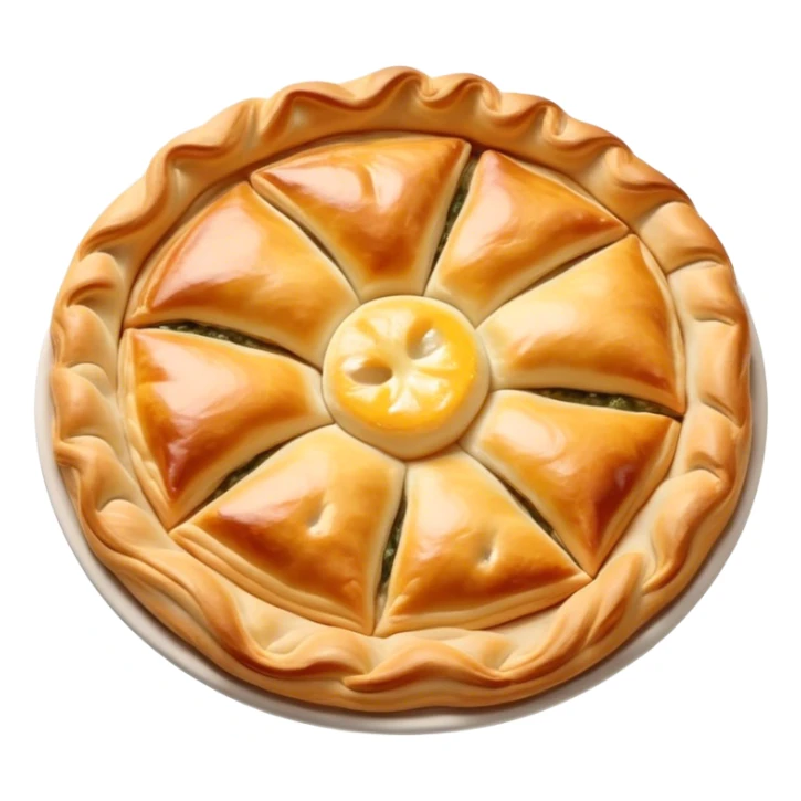 Burek sa Sirom Cinematic Realistic Burek sa Sirom Dish Emoji, depicted as a flat, flaky pastry filled with cheese, rendered with crisp textures and warm, inviting lighting. sticker