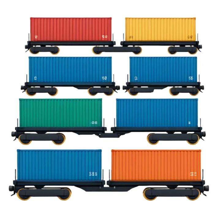 A 3D cartoon cargo train with colorful containers on flatbed cars, industrial background, Memoji-style realism. sticker
