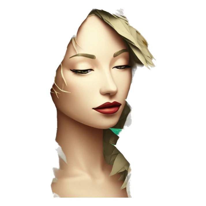  Hemp 420 lady face melting gold drizzle kintsugi multicoloured funky palm leaves tropical made of 420 origami newspaper roses hemp leaves bokeh and paper and hemp leaves in hair sticker