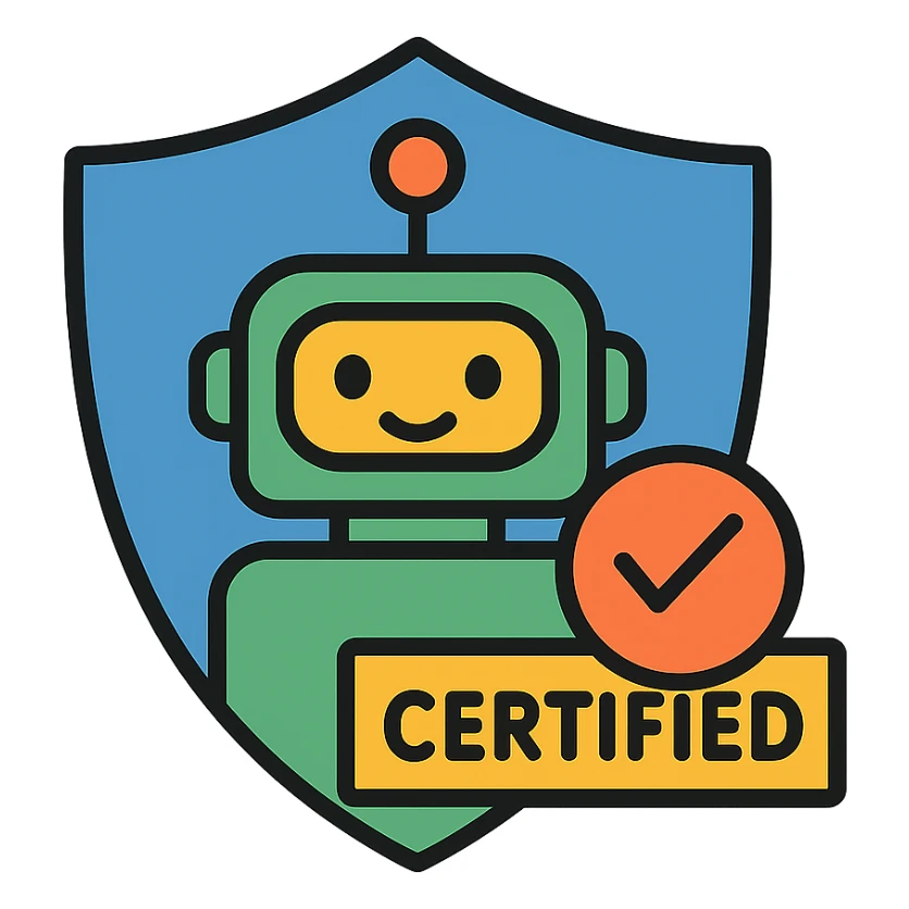 certified safe AI robot inside a protective shield, clear safety badge, modern and friendly look, icon style sticker