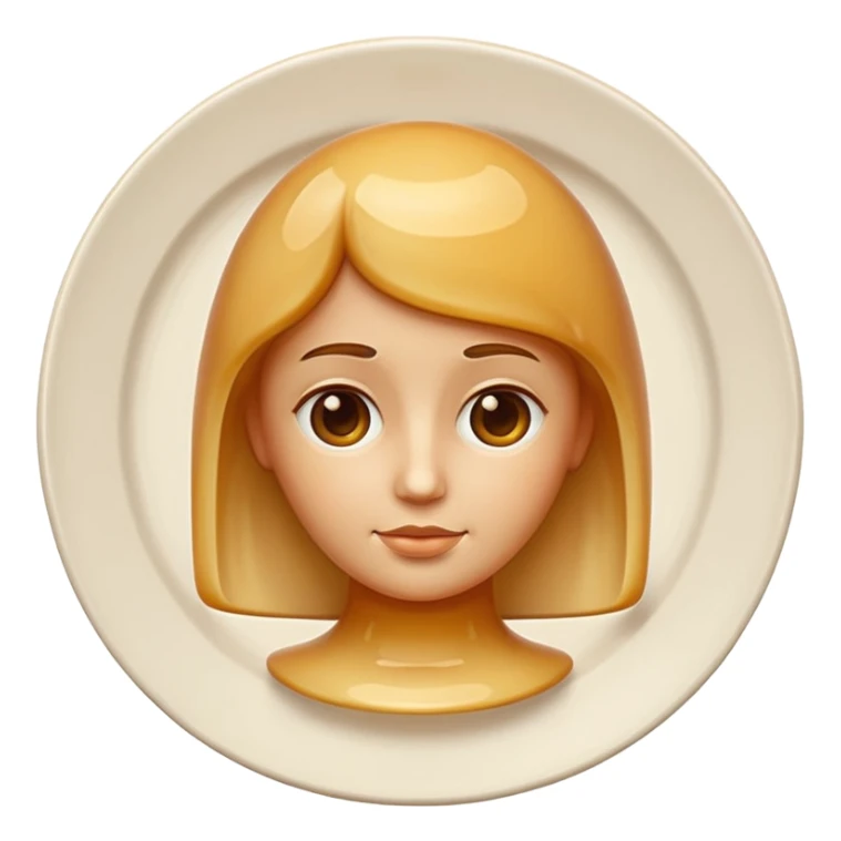 apple style emoji of a bust with stylized features entirely made from tall cylindrical flan with smooth slightly translucent beige gelee texture, on round white plate sticker