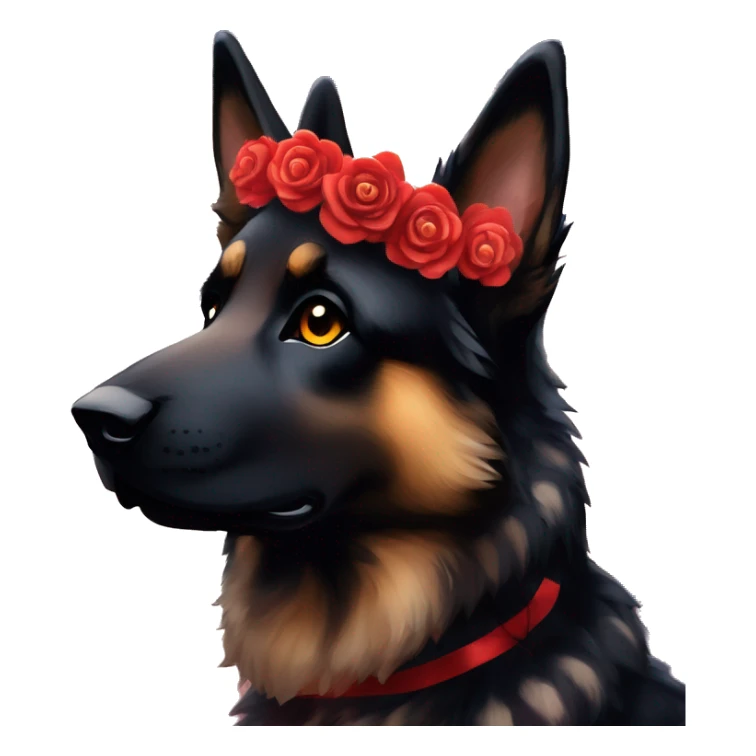 Bokeh Midnight starry night stars dark Brindled striped brindle black German shepherd fox carrying glowing red lantern, fairy lights, rose flower crown, bokeh lights, out of focus blur sticker