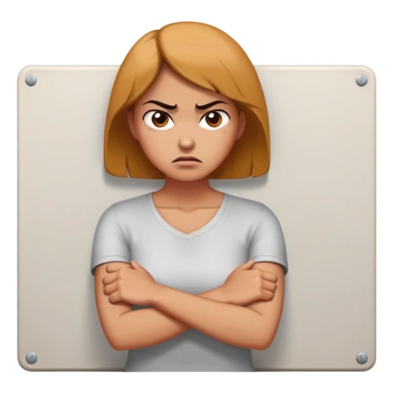 woman with avoidant attachment style with angry expression, arms firmly crossed creating barrier, body turned slightly away showing emotional distance, dismissive cold eyes, small wall or barrier symbol nearby sticker