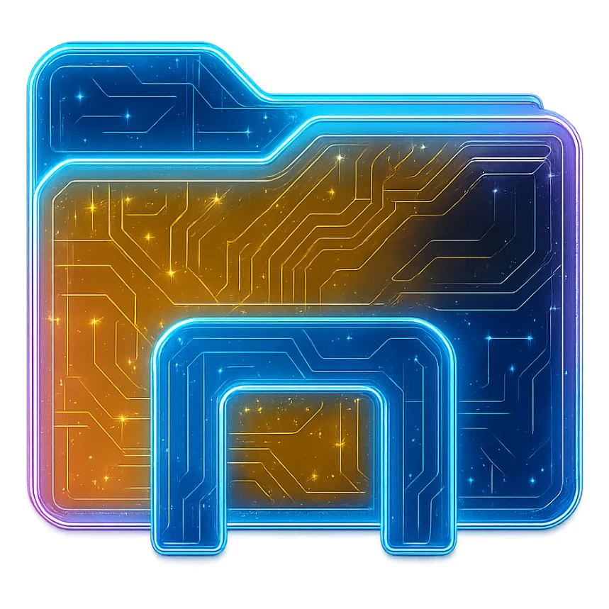 Transform the Windows File Explorer icon into a cyberpunk, holographic style with glowing neon blue and pink edges and circuit patterns throughout the entire icon, especially on the yellow and blue areas. Retain the original color fill of the icon but overlay neon and circuit effects in a futuristic and clean style similar to the provided cyberpunk folder icon. No circle or base, just the icon itself with a transparent background. sticker