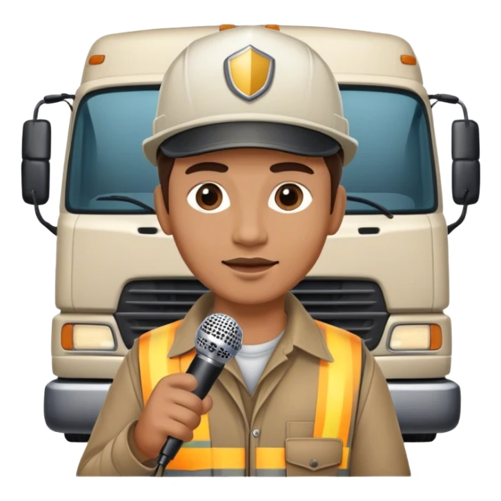 truck driver talking into a microphone with truck backdrop sticker