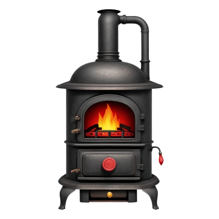 Vintage pot-belly coal stove from early 1900s with chimney pipe, rustic black iron with red glowing coals inside sticker