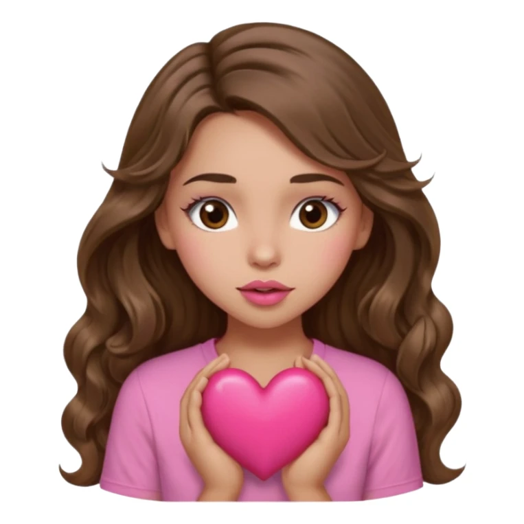 girl with long wavy brown hair, brown eyes, light to medium complexion, in a pink shirt, pink lips, long lashes, sexy , puckering, blushing, kissing a heart sexy sticker