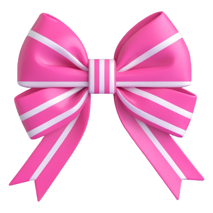 Change the bow to striped pink and white, keep the small white Chanel logo, glossy, 3D emoji style, with no background sticker