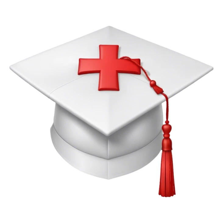  white medical graduation cap (mortarboard) with a red cross symbol in the center. The cap has a flat, square top and a slightly curved brim. A red tassel hangs from one corner, gently swaying. The design is clean and professional, symbolizing a medical graduate. The background is plain white sticker