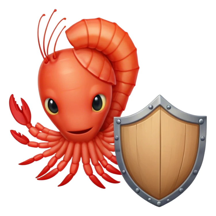 a cooked shirmp with a face holwing a shield sticker