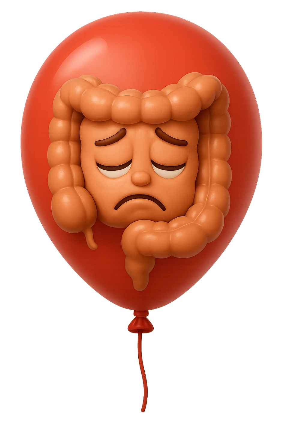 EMOJI STILE IPHONE 3D DI INTESTINO 3D CON ESPRESSIONE TRISTE  IN VOLTO CHIUSO IN UN PALLONCINO ROSSO, FAGLI ANCHE LA PARTE BIANCA DEGLI OCCHI, NON SOLO LA PUPILLA sticker