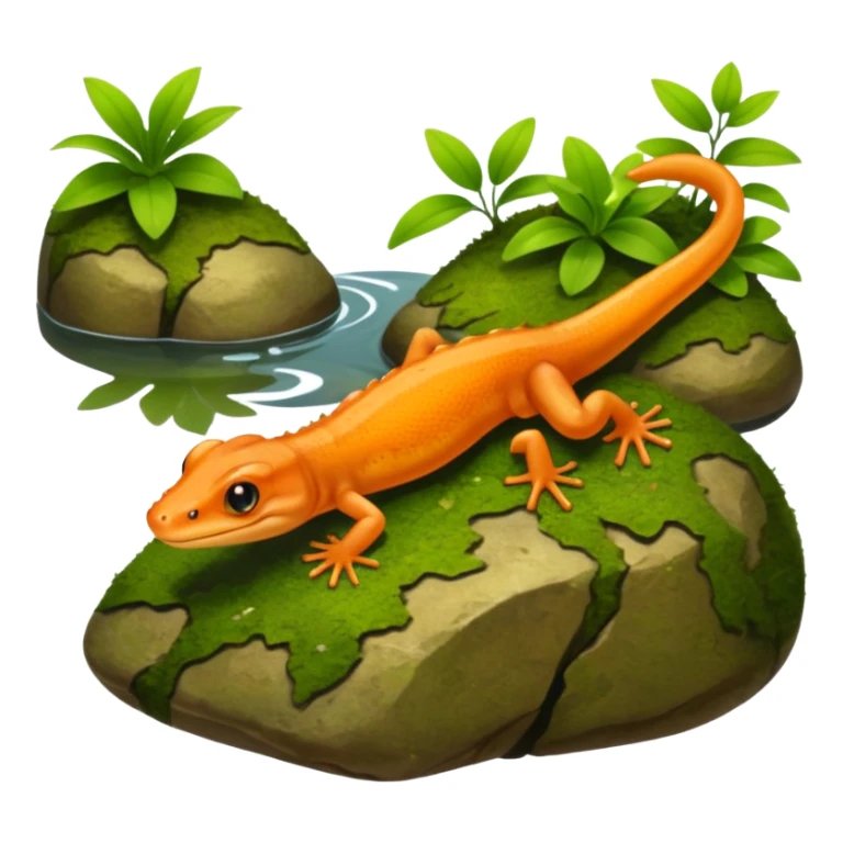 A small orange-brown newt on a mossy rock near a pond. Realistic lighting, visible tail, green plants and soft sunlight, detailed wildlife photo. sticker