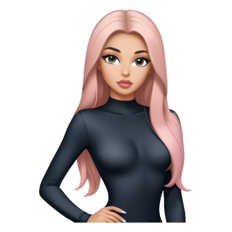 Glamours, tanned, very beautiful girl, with big pump peach-beige-rose lips, long long lashes, black straight smooth silky long hair, straight parting hair, blue-grey eyes in black long-sleeves v-neck bodysuit sticker