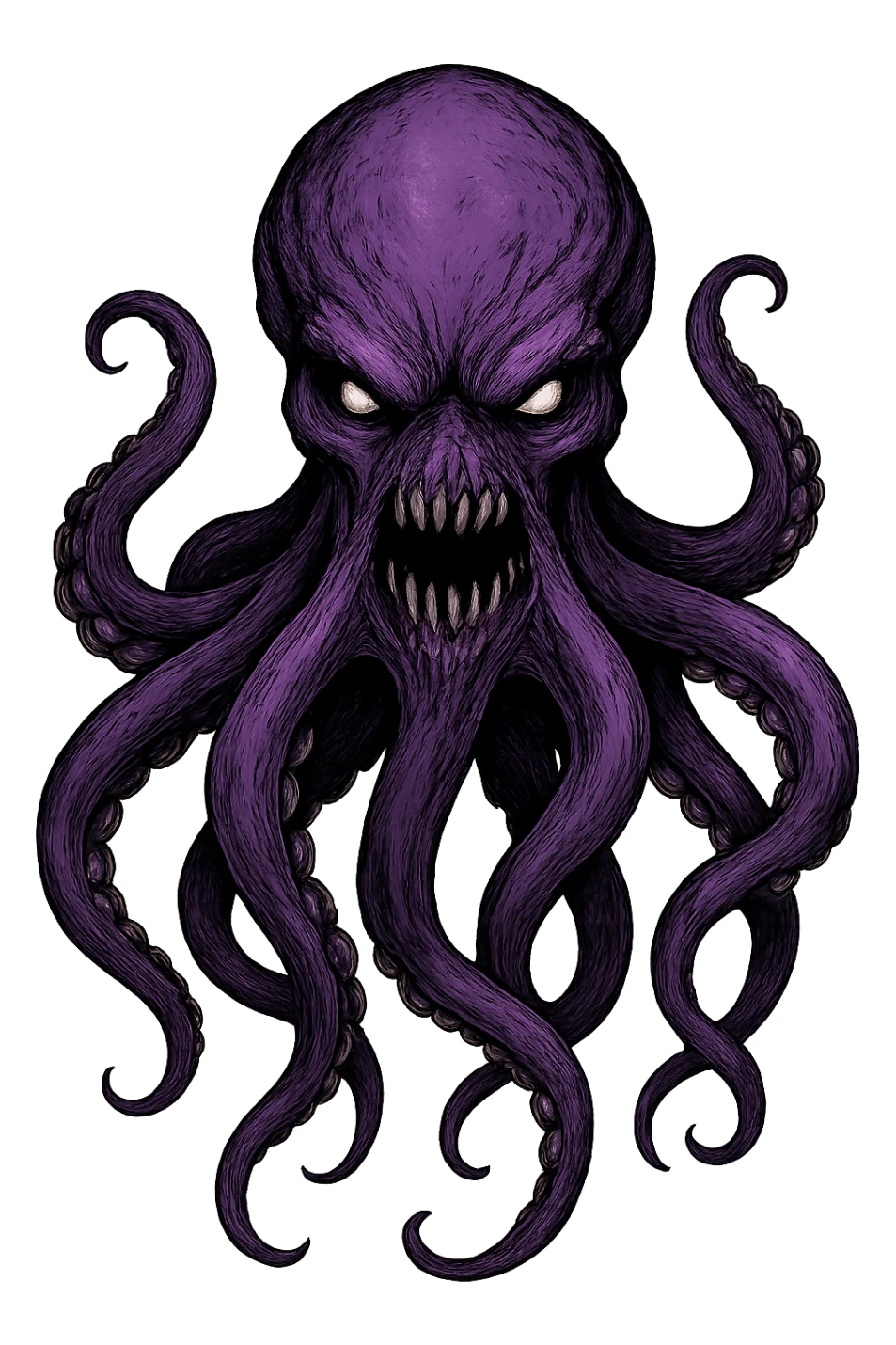 Remove the nose, make the octopus look scary, keep the purple color, with no background. Maintain the original style and details of the octopus while making it look scary and purple. sticker