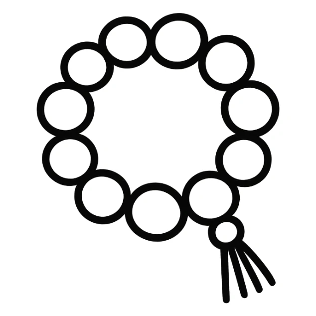 Ultra minimal prayer beads with just a few simple round beads and a tiny tassel, no extra details, plain background, hand drawn icon style with no fill. sticker