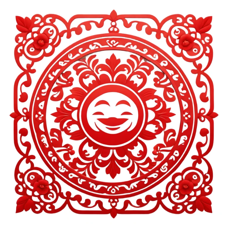 Chinese paper cutting art, red decorative pattern, traditional craft, emoji style sticker