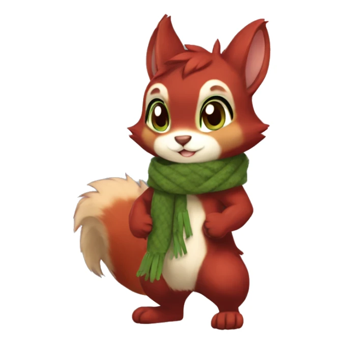 Cute, Chibi, Kemono-style, Anthro, Fur-Sona, Dark-Red, Squirrel-Rabbit-hybrid-Fakémon, with a green scarf, full body sticker