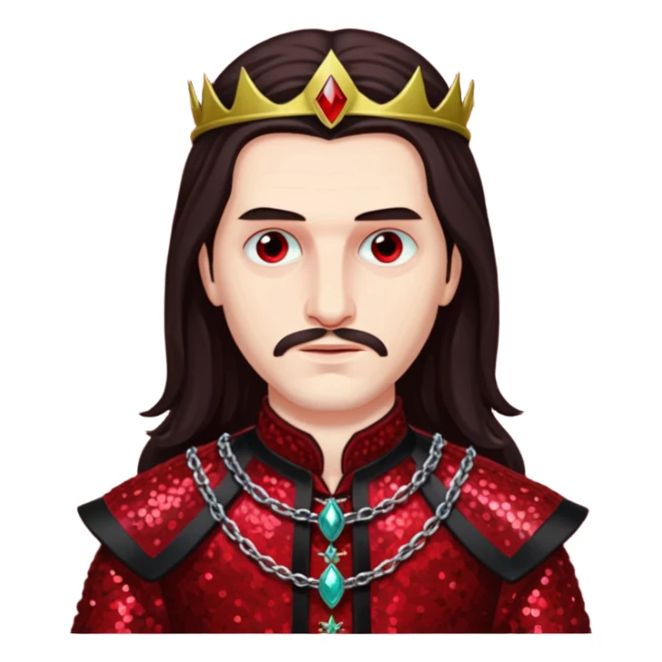 Vlad Tepes with long dark brown hair, dark red sequin outfit sticker