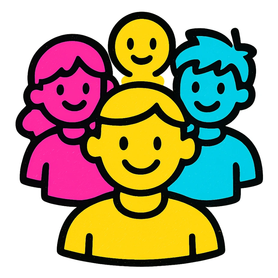 group of people, icon, flat color style, clean and professional sticker