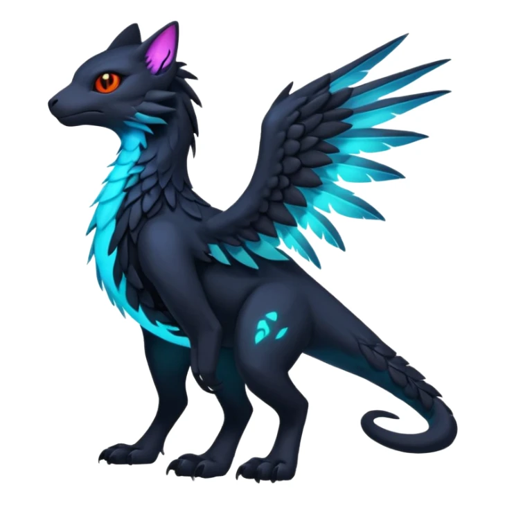 Black Dark Exotic Tropical Beaked Feathery Nocturnal Neon-glowing Abyssal Nightly Abyss-Cat-Gryphon-Salandit-Silvally-Fakémon Creature (full body) sticker