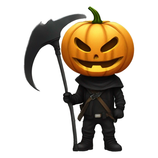 Human pumpkin hunter with a scythe, glowing pumpkin eyes inside a black helmet, Halloween theme, emoji" sticker