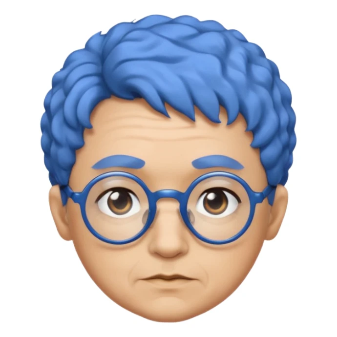 old laydy with short, curly blue hair, matching blue eyebrows, light brown skin, round black glasses, and a neutral facial expression. sticker