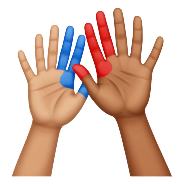 Two upward facing hands one a Little higher than the other. Over the one on the left there is a 6 and over the one on the right there is a 7   sticker