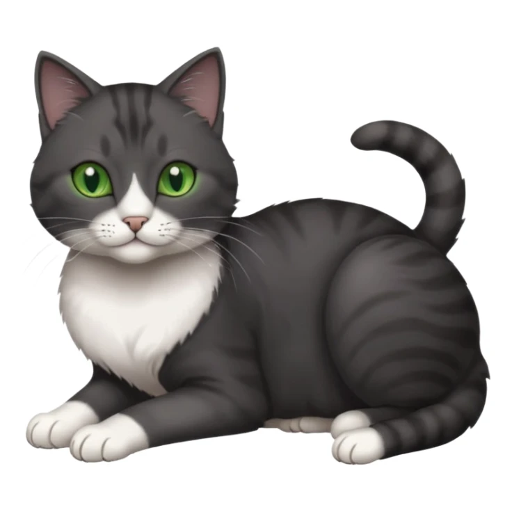 beautiful female solid dark grey cat with green eyes, white toes/paws and white patch on her chest rolling over sticker