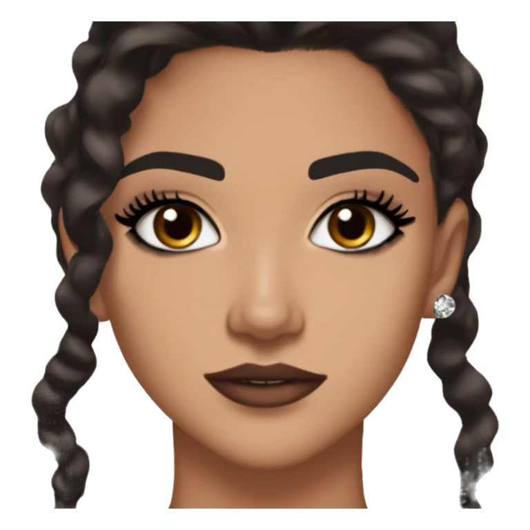 Maddy Perez euphoria show teenager: warm brown eyes, bold black sharp eyeliner, dark arched brows, full nude-berry lips, light skin, high cheekbones, sleek dark brown long hair in waves/ponytail, sparkly rhinestones on her eyelids 

 sticker