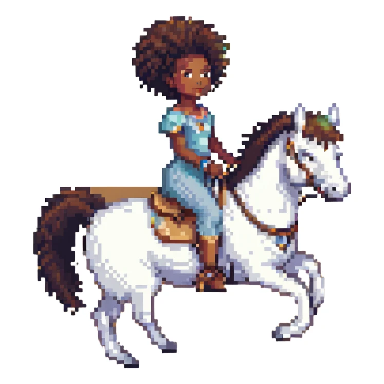 black girl with afro riding a white horse, pixel art style sticker