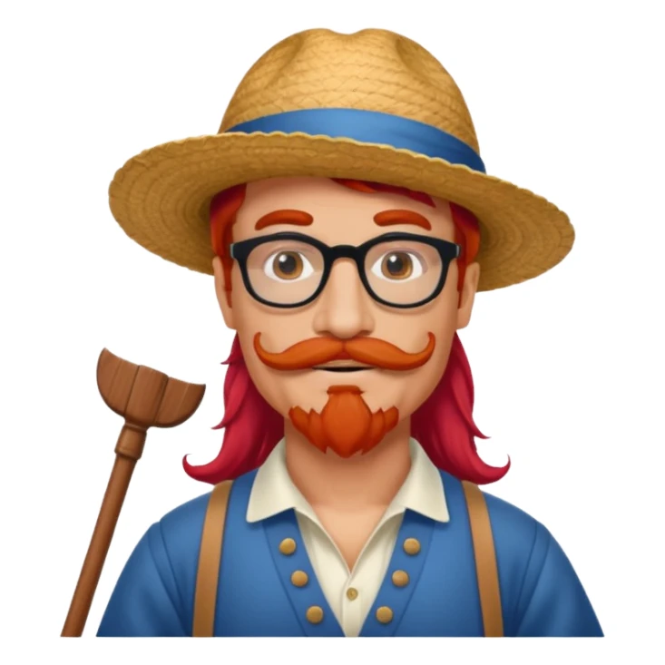 venice gondolier with long red hair, iconic hat, normal glassess and mustache sticker