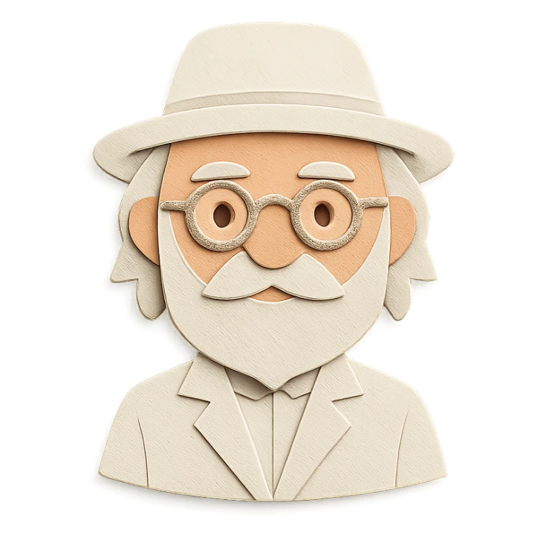 old man with a white hat, slightly long white beard, white moustache, round glasses, white suit, white longish hair, paper craft style sticker
