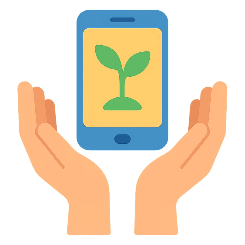 open hands holding a smartphone with a small green seedling growing from it, metaphor for ebook as a digital seed, colorful and friendly style sticker