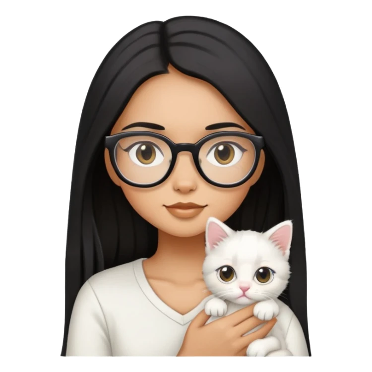Girl with long black hair and glasses holding a white kitten sticker