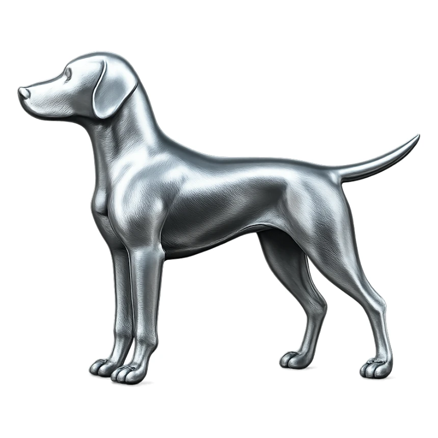               Apply a high-end, photorealistic metallic chrome material to the provided {subject}. The material should have a smooth, slightly curved surface with subtle reflections and soft shadows, resembling brushed or polished silver metal. Preserve the exact shape, proportions, and design of the original object. Set it against a solid black background (#000000) in 8K resolution. The lighting should enhance the beveled edges and reflective highlights, creating a sleek, premium finish. {subject} = dog pointing left sticker