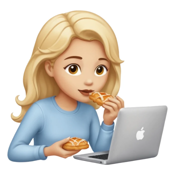 a girl looking in her computer a pastrie with good food  sticker