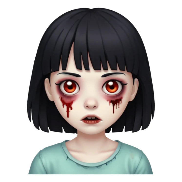 Make a zombie girl with black eyes and black hair with bangs sticker