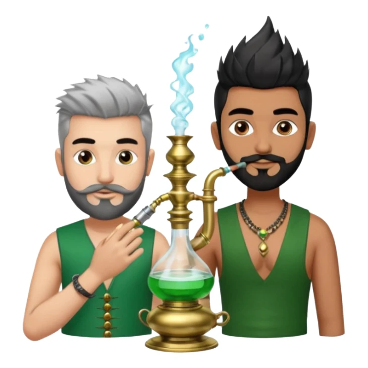 Brass hookah with green design on a glass water base on the top; with two smoke pipes where people are holding them and smoking - one white guy with spikes (silver and black hair) and another Tamil handsome with little beard Indian guy sticker