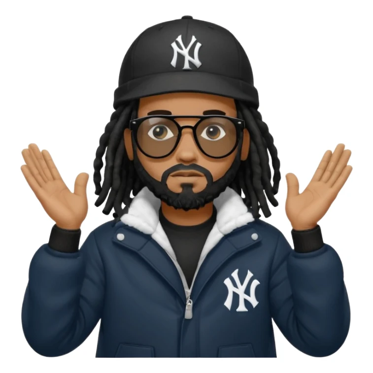African American man with shoulder length black dreadlocks with black beard wearing black sunglasses with black bubble winter coat wearing a New York Yankees baseball hat with his hands on top of head in thinking position sticker