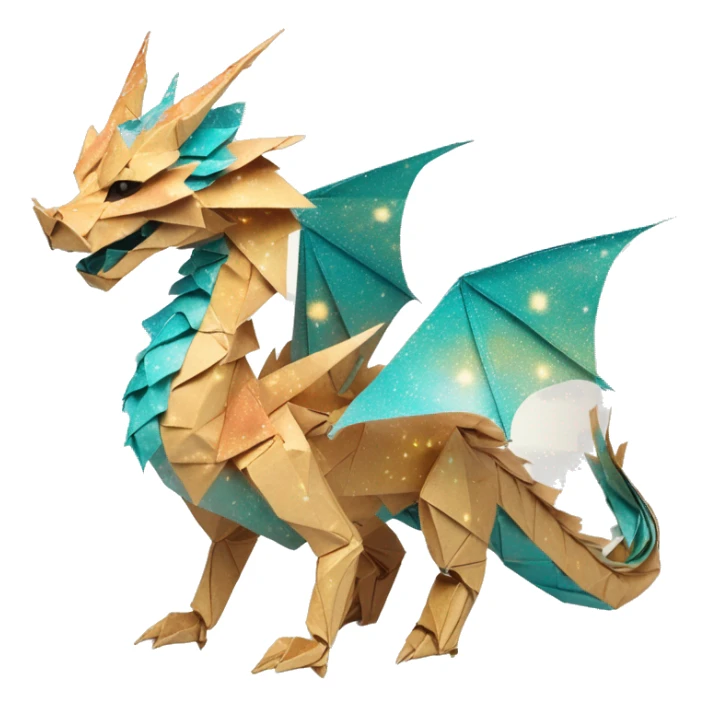 Sparkling patterned Beige Origami dragon with a dried flower crown made of newspapers intricate patterns surrounded by fairy lights nebula galaxy stars swirls iridescent orange cyan yellow sticker