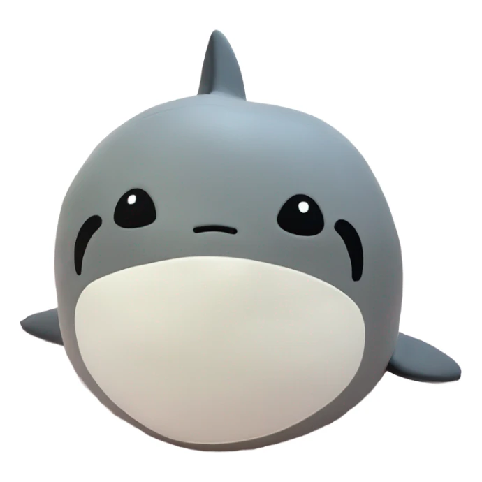 small round gray shark squishmallow, white belly, tiny cute smile, black eyes sticker