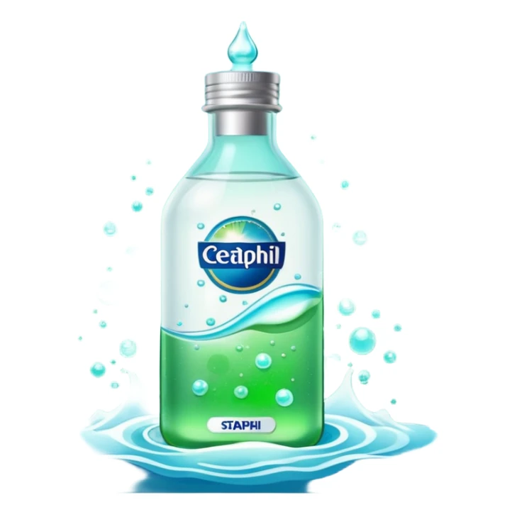 Cetaphil white bottle with light green cap and blue-green label, glowing softly. Surrounded by tiny light orbs and silky sparkles flowing like hydration waves. Feels like a gentle skin shield potion in a glossy, minimalist flask. sticker